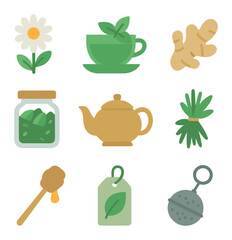 Herbal Tea Icon Set. Flat icon set of herbal teas and infusions: chamomile flower, mint tea cup, ginger root,