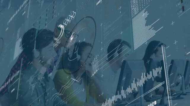 Manager entering call center leaning over shoulder guiding agents with data overlay shifting color - Powered by Adobe