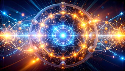 Obraz premium Quantum computer circuit visualization with glowing entangled pathways, luminous qubits, and non-Euclidean geometry, dark and mysterious atmosphere.