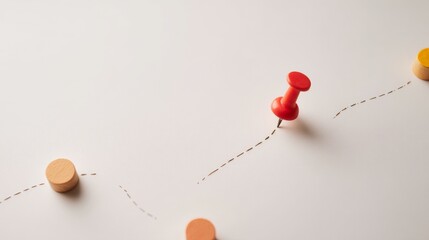 A red pushpin marks a position on a dotted, curved path connecting wooden markers on a white surface.