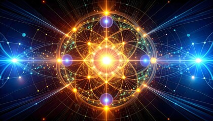 Quantum computer circuit visualization with glowing entangled pathways, luminous qubits, and non-Euclidean geometry, dark and mysterious atmosphere.