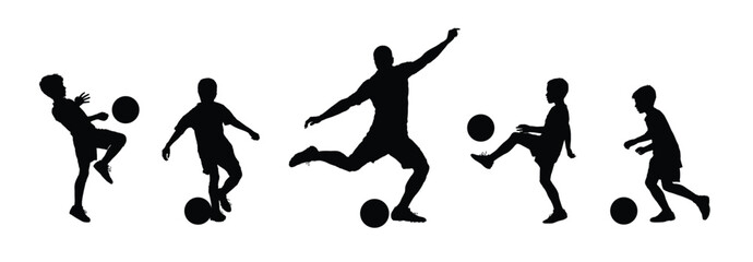 Man training kids playing football vector black silhouette set.
