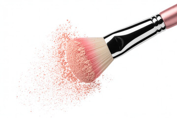 Blush Brush Loaded with Pink Powder Spilling onto White Background, Makeup Application Closeup