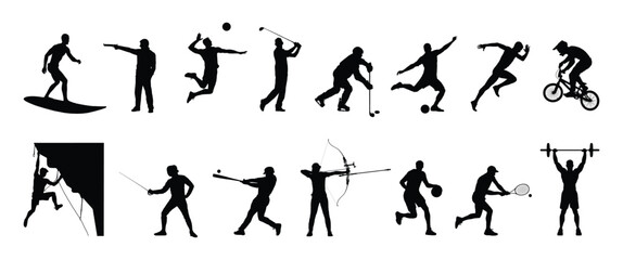 Silhouette set of athletes different sports in row vector collection. Group athletes of various sports disciplines  black silhouettes isolated collage vector collection.
