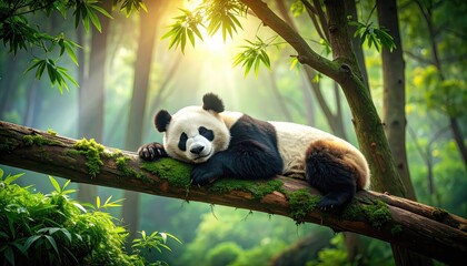Obraz premium Peaceful Panda Napping: Serene Bamboo Forest Scene