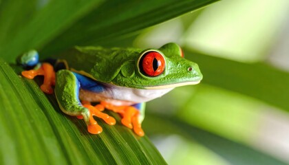 Obraz premium Red-Eyed Tree Frog on Lush Green Foliage: A Vibrant Close-Up