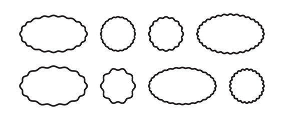 Set of black wavy outline shapes for labels, badges, border. Oval, circular forms, frames with corrugated edges on white background.