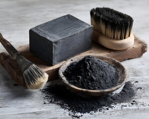 Natural charcoal products arranged artistically on a wooden surface with a brush and bowl, showcasing traditional craftsmanship