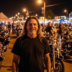 Male biker with a blank black t-shirt at a motorcycle rally with fictional unbranded motorcycles in the background, bike rally, fictional motorcycle, motorcycle gathering, black shirt, motorcycle cult