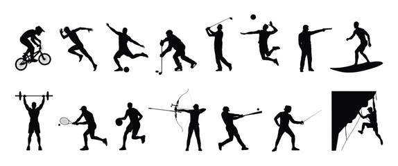 Set of athlete playing different sports isolated silhouettes in row collage vector collection.