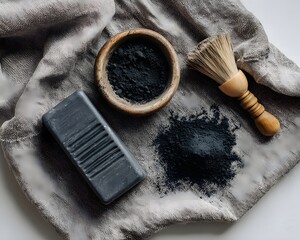 Natural black soap and charcoal powder arranged on a textured fabric with a brush nearby