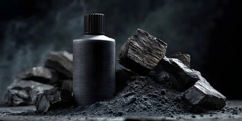 Dark bottle on a textured surface surrounded by charcoal pieces and powder, evoking a dramatic atmosphere