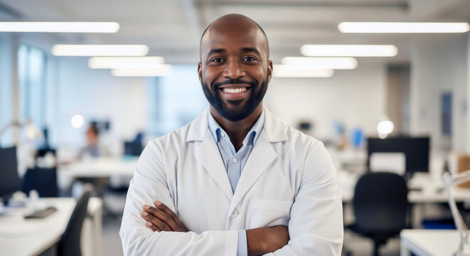 Portrait of a smiling black male scientist wearing a lab coat, standing confidently in a bright, modern research laboratory.