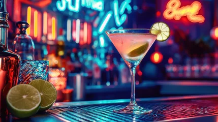 Cocktail Glass With Lime Garnish On A Neon-Lit Bar Counter In Retro Postcard Style. Evokes Vibrant Nightlife And Nostalgic Bar Atmosphere