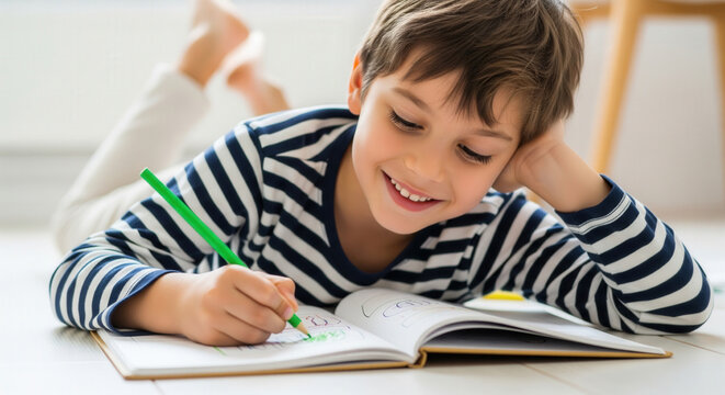 Little boy lying on the floor and drawing in a notebook with a green pencil, enjoying a creative activity indoors.