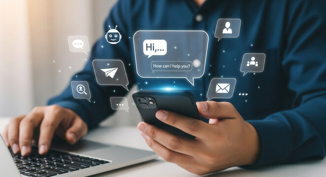 Man holding a smartphone with chatbot interface while working on a laptop, representing AI communication and virtual customer service.