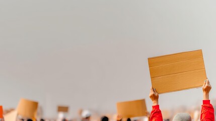 A crowd holds up blank cardboard signs, possibly during a protest or rally, with one person prominently raising a sign above their head.
