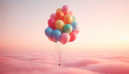 Obraz premium Bunch of floating helium balloons in rainbow colors against soft pink sky – minimalist aesthetic with clean background