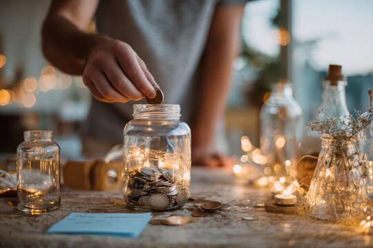 person from behind placing coins into glass jar on table