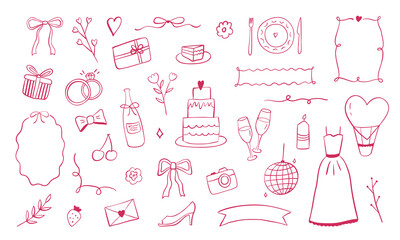 Whimsical Set of Wedding Elements as Cake, Rings, Bride Dress, Bow Tie, Frames. Perfect for Invitations, Posters, Decorations