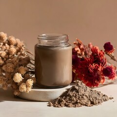Aesthetic still life featuring a brown candle surrounded by dried flowers and clay powder on a neutral background