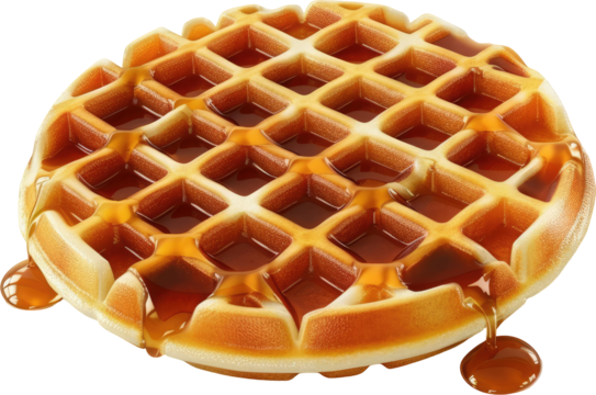 Close-up view of a golden-brown waffle drizzled with syrup.