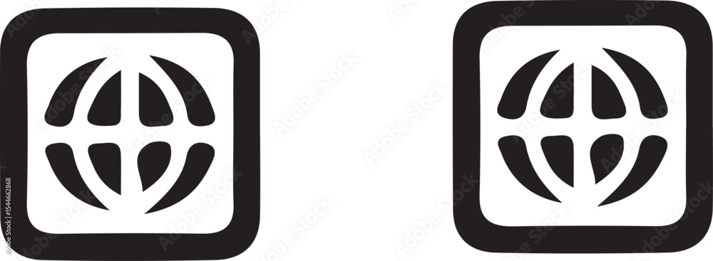 Poster two black and white globe icons with rounded square borders on a plain white background in simple st