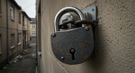 Weathered padlock secures urban meter box
