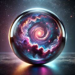 A metallic sphere encapsulating a cosmic nebula, with radiant light bouncing off the surface