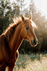 Obraz premium Majestic brown horse standing in sunlit meadow with trees 