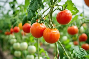 Vibrant Greenhouse with Plump Tomatoes Ripening on Lush Stalks, Showcasing Bright Agricultural Colors in Daylight