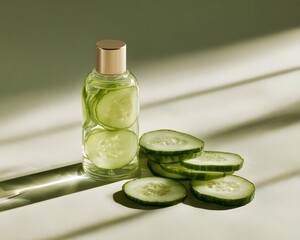 A refreshing cucumber-infused bottle with sliced cucumbers set against a softly lit background