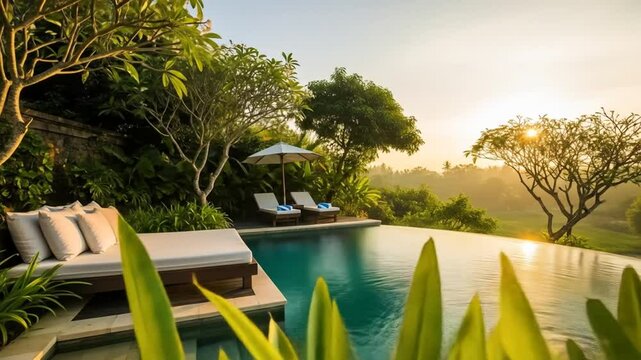 Relaxing sunrise view over an infinity pool surrounded by lush tropical greenery and lounge chairs