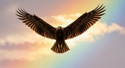 虹色空高く舞い上がるワシ 力強く羽ばたく姿 (Niji iro sora takaku maiagaru washi chikara yoku habataku sugata) This translates roughly to: Eagle soaring high in a rainbow sky, powerfully flapping wings.. AI Generated