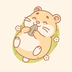 Cute hamster eating sunflower seed on grassy ground cartoon soft pastel color flat vector illustration