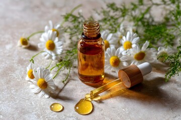 Glass dropper bottle of essential oil surrounded by chamomile flowers on a textured surface