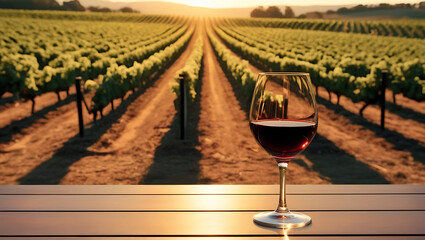 Red Wine Glass with Vineyard Sunset View

