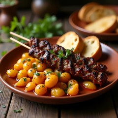 AI illustration Lively and rustic traditional Catalan cuisine, featuring savory pop a la brasa dishes, with skewers of tender grilled meat served alongside portions of crispy patates al caliu, and thi