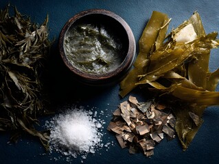 A vibrant arrangement of seaweed, salt, and kelp in a wooden bowl on a dark surface, showcasing natural ingredients