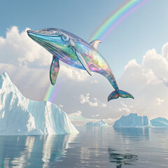 Iridescent whale flying near iceberg area