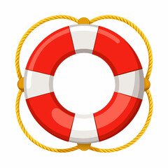 Clean and detailed vector illustration of a classic red and white lifebuoy ring wrapped with yellow rope, isolated on a white background
