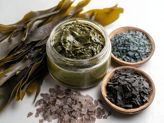Natural seaweed skincare ingredients arranged aesthetically with sea salt and kelp for beauty products