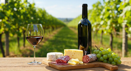 Fototapeta premium Sunlit vineyard scene with a wine glass, bottle, and rustic board of cheeses and meats, framed by lush grapevines.