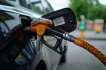 Closeup of Diesel Pump Nozzle at Fueling Station with Gallon Measurement in Natural Light