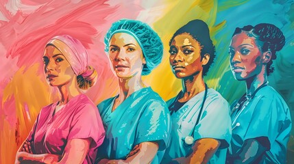 Empowered nurse portraits with colorful symbolic backgrounds