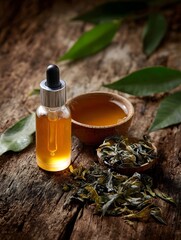 Close-up of a glass dropper bottle filled with oil beside a small bowl of brewed tea and loose leaves