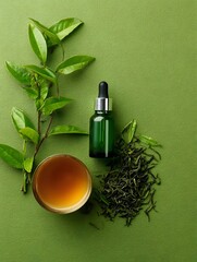 Green tea extract in a dropper bottle beside fresh leaves and brewed tea on a vibrant green background