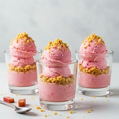 Rhubarb crumble ice cream lollipops, with a coating of crushed nuts revealing a  interior of ice cream and crumble, held by a child's hand