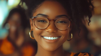 Smiling woman with glasses and curly hair in a vibrant setting.