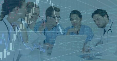 Medical team inputting data on laptop and analyzing animated financial charts showing cost trends - Powered by Adobe